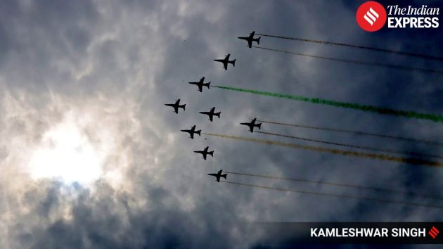 The aerobatic team began its performance after taking off from the Air Force station and flying directly over Sukhna Lake under cloudy skies
