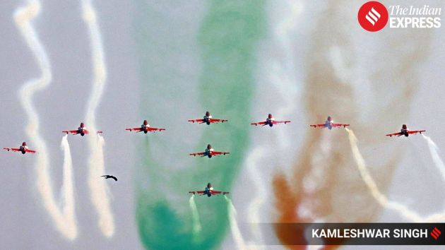 The Indian Air Force’s Surya Kiran Aerobatic Team performed a spectacular aerial display over Sukhna Lake on Saturday