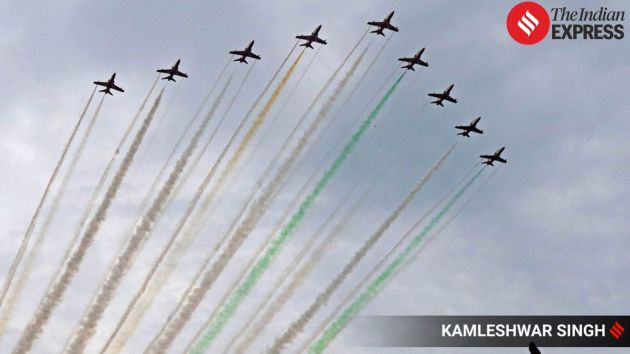 The performance concluded with all nine aircraft assembling into a synchronised aerial salute