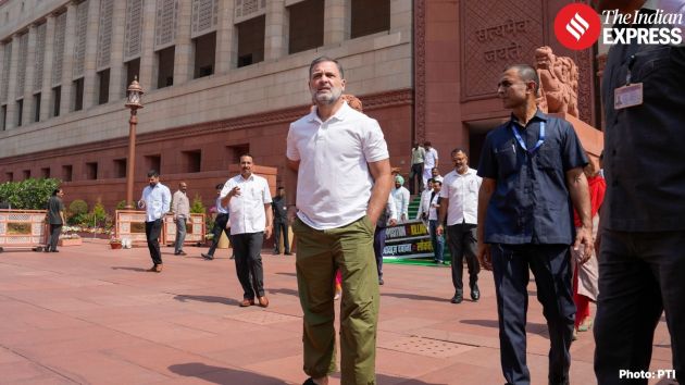 Leader of Opposition Rahul Gandhi addresses reporters at the Parliament complex in New Delhi on Monday as the first day of the second half of the Budget Session of