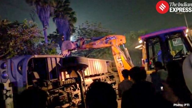 A JCB machine was brought in to lift the overturned bus
