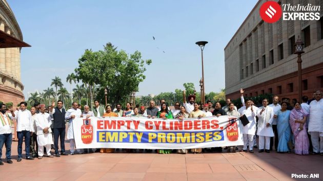 Several Opposition MPs gathered inside the Parliament House complex in New Delhi on Wednesday to protest against the reported LPG supply crunch affecting consumers.