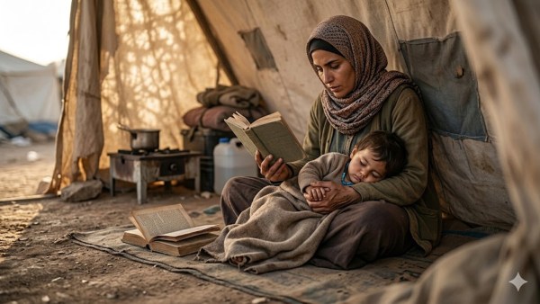 A woman with a sleeping child in her lap reading a book in a refugee camp with a stove and blankets piled up in a corner. (Generated with AI)