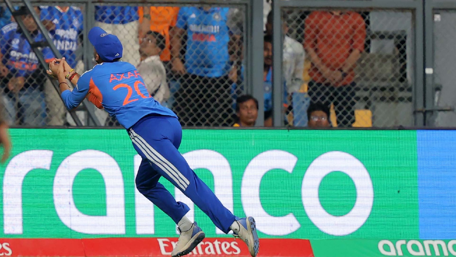 India's Axar Patel catches the ball in the T20 World Cup semi-final against England at Mumbai's Wankhede Stadium. (Express photo Narendra Vaskar)
