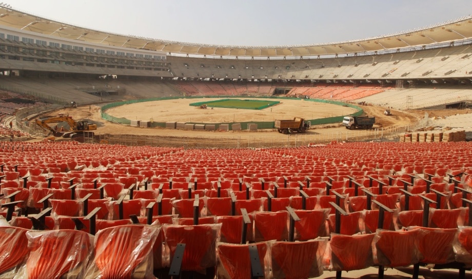 An under-construction Narendra Modi Stadium. 