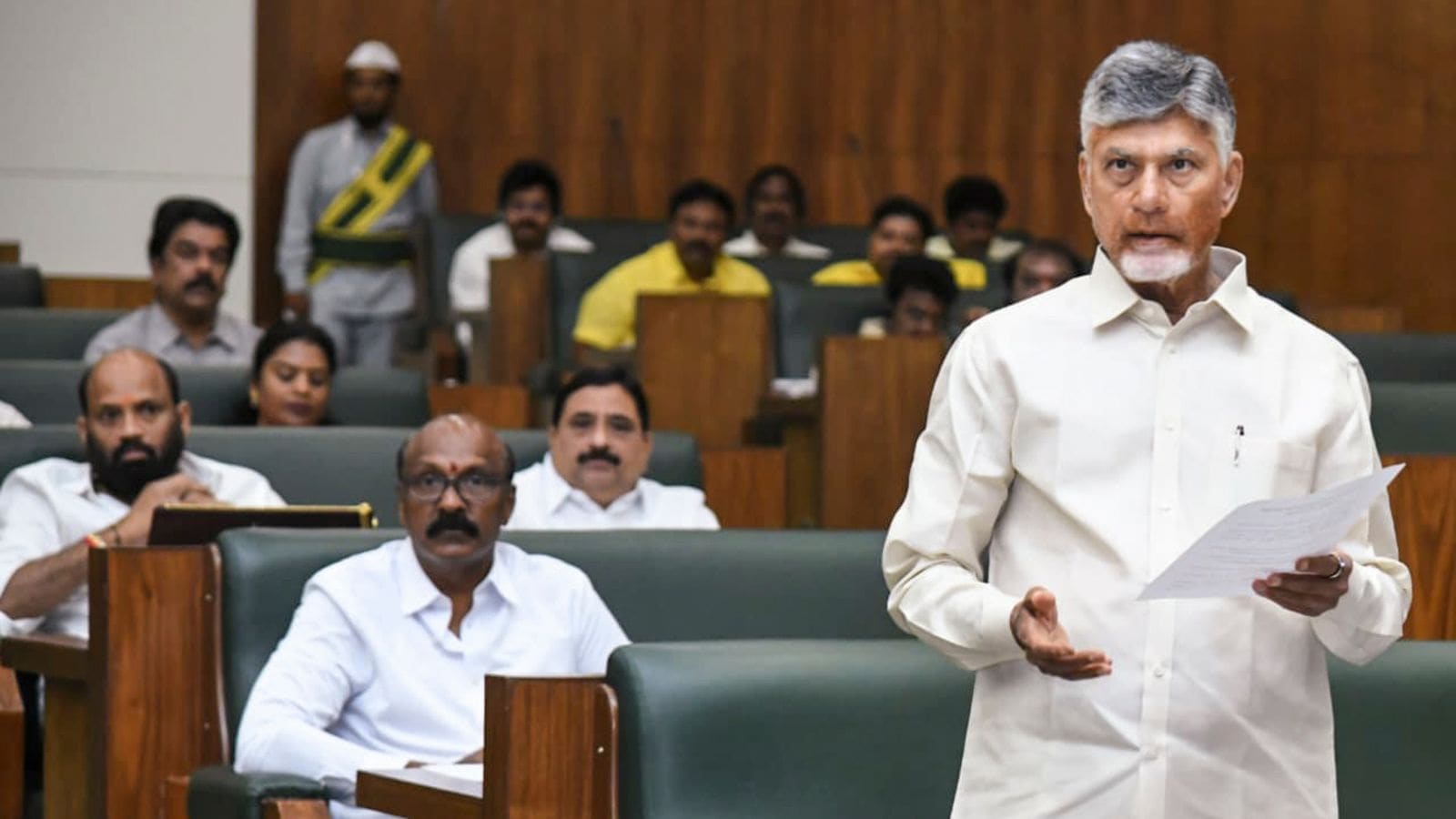 Andhra Pradesh Chief Minister N Chandrababu Naidu in the Legislative Assembly, in Amaravati, Andhra Pradesh. (PTI Photo)