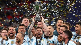 Argentina's Lionel Messi celebrates with the trophy and teammates after winning the Finalissima 2022. (PHOTO: FILE/Reuters)