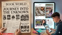 A newspaper book review juxtaposed with social media in an AI image