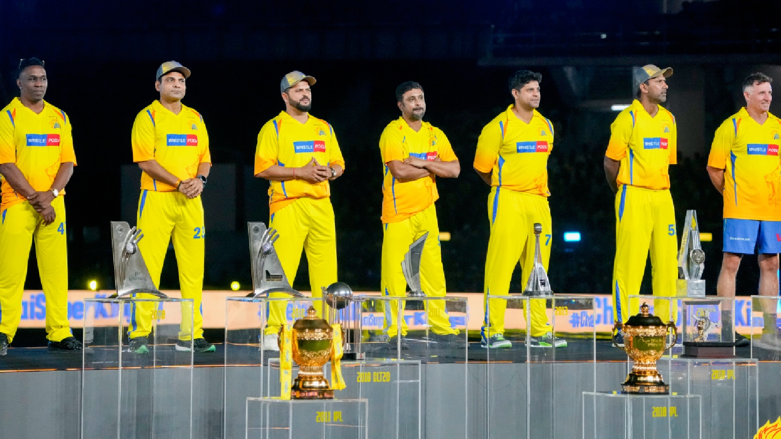 Michael Hussey, Dwayne Bravo, Suresh Raina and others during the Chennai Super Kings’ ROAR 2026 pre-season fan event at the MA Chidambaram Stadium in Chennai. (PTI Photo)