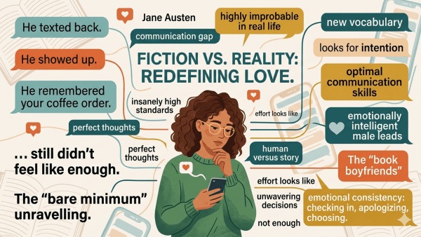 An image on the breakdown of communication with boyfriend versus book boyfriend. 