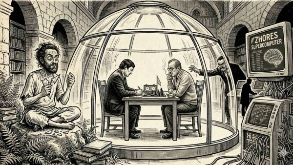 Korchnoi hired two gurus from Ananda Marga sect as a revenge when Karpov brought parapsychologists, Vladimir Suchar. (Illustrations generated by Gemini/Nano Banana with theme specific prompts)