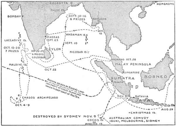Route taken by Emden during  raiding operations (Wikipedia)