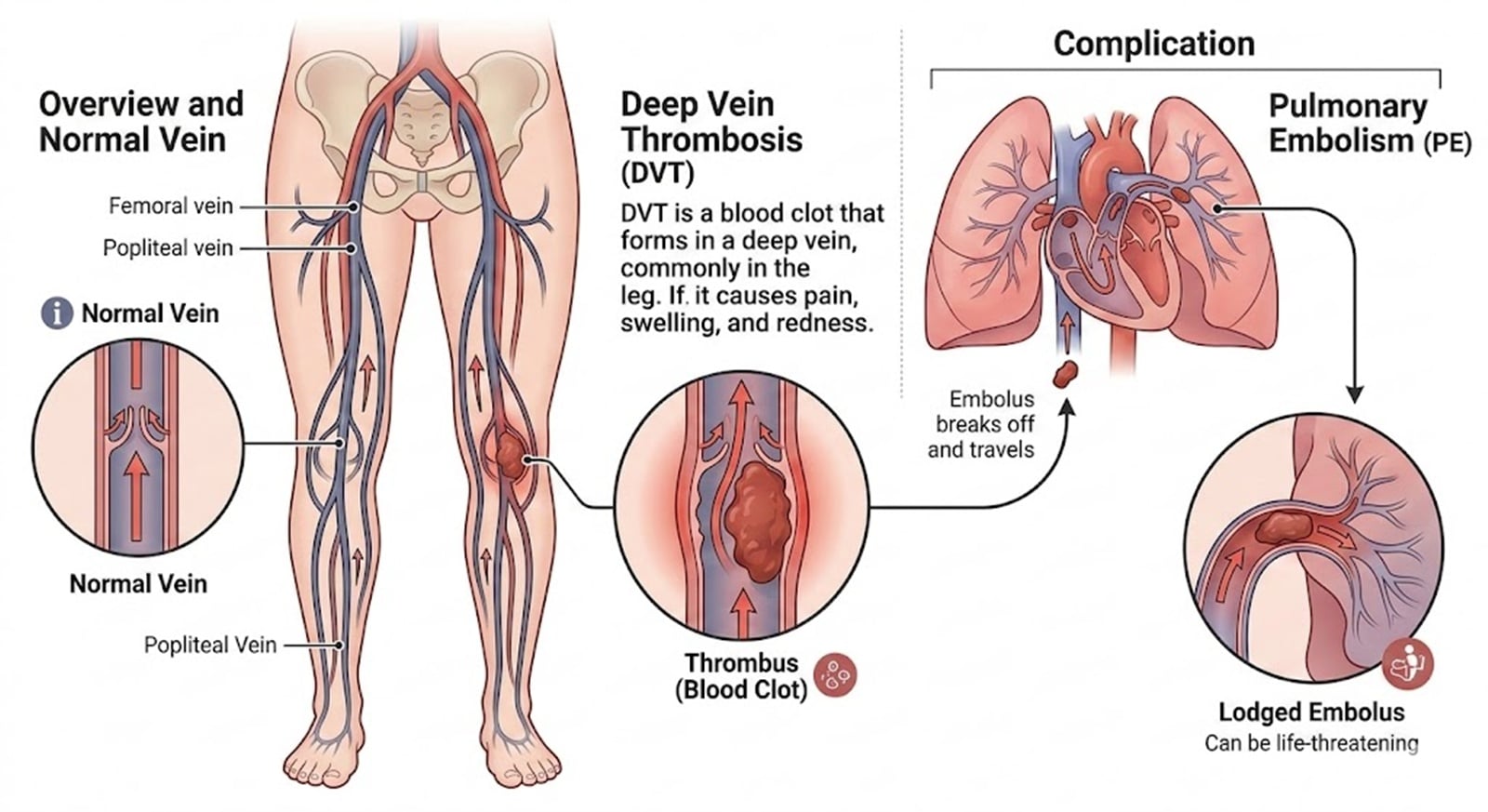 Deep vein thrombosis, is where a blood clot forms in the deep veins of the leg.