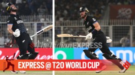 Finn Allen recorded the fastest T20 World Cup ton to help New Zealand thrash South Africa in the semifinal. (Express photo by Partha Paul)