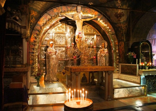 The Altar of the Crucifixion in the Church of the Holy Sepulchre in Jerusalem. Wikimedia Commons