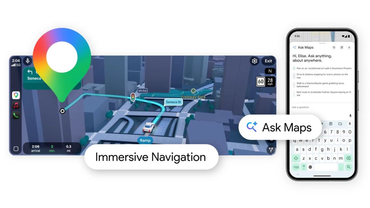 Captura de la función Ask Maps en Google Maps con navegación inmersiva en 3D