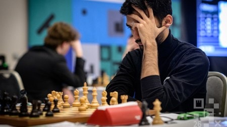 World Champion D Gukesh in action against Aravindh Chithambaram at the Prague International Chess Festival. (Photo: Petr Vrabec via Prague International Chess Festival.)