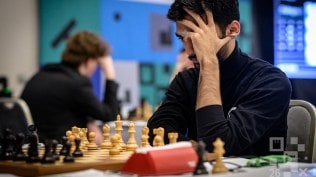 World Champion D Gukesh in action against Aravindh Chithambaram at the Prague International Chess Festival. (Photo: Petr Vrabec via Prague International Chess Festival.)