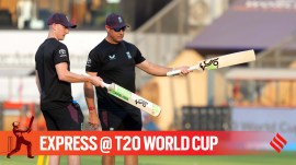 England captain Harry Brook during a training session ahead of their T20 World Cup cricket semi final match against India in Mumbai. (Express Photo by Narendra Vaskar)