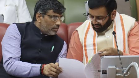 Haryana Higher Education Education Minister Mahipal Dhanda with CM Saini