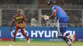 Sanju Samson slammed a match-winning 50-ball 97 against West Indies in Kolkata. (Express photo by Partha Paul)