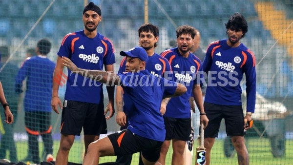 India team during practice session ahead of T20 World Cup 2026 semifinal in Mumbai. (Express photo by Narendra Vaskar)