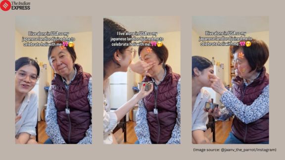 Indian woman celebrates Holi with Japanese landlord