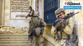 US Marines Corps (USMC) Marines as they prepare to enter one of Saddam Hussein's palaces in Baghdad.