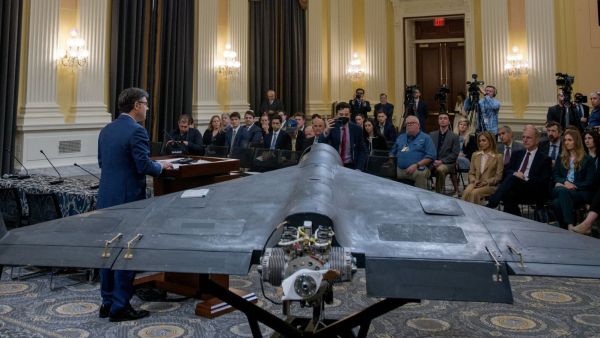 House Speaker Mike Johnson (R-La.) speaks during an event hosted by United Against Nuclear Iran where an Iranian Shahed-136 drone was displayed on Capitol Hill in Washington, on Thursday, May 8, 2025. (Rod Lamkey Jr./The New York Times)
