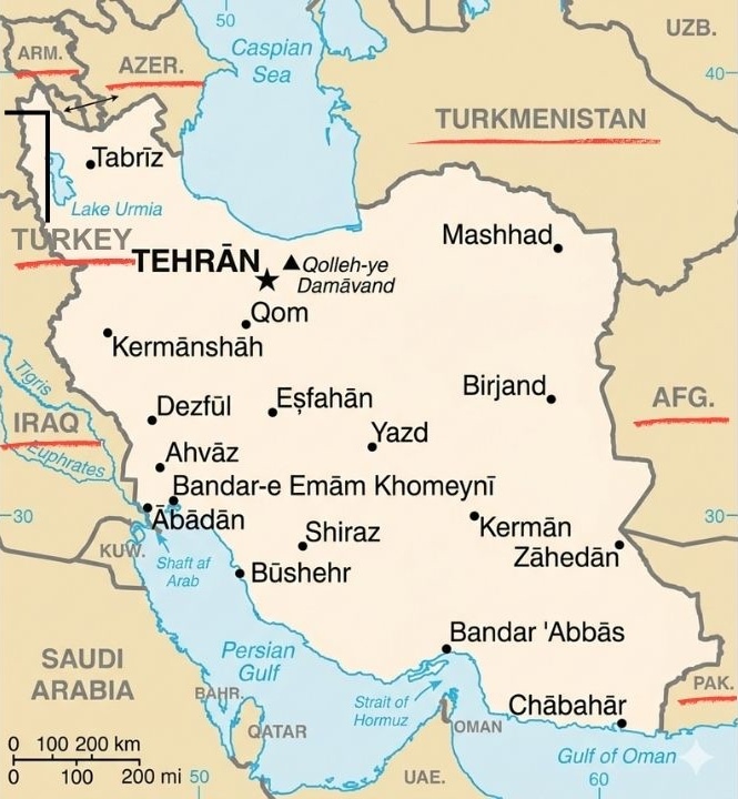 Iran and its neighbours. ARM is Armenia and AZER is Azerbaijan.