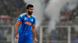 India's Jasprit Bumrah celebrating the wicket of Roston Chase during the T20 World Cup 2026 match vs West Indies. (PHOTO: AP)