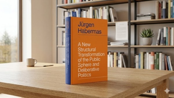 Jürgen Habermas’s book The Structural Transformation sits on an AI generated wooden table with a bookshelf, a teacup, pen and window in the background 