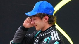 Mercedes driver Kimi Antonelli emotional after securing his maiden F1 win at Chinese GP in Shanghai. (PHOTO: AP)