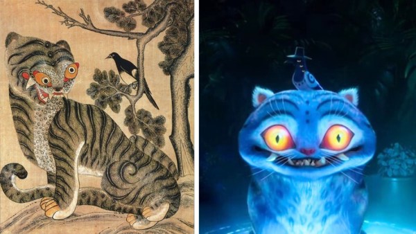 An old painting featuring the tiger and the magpie, and its reinterpretation in 'KPop Demon Hunters'.