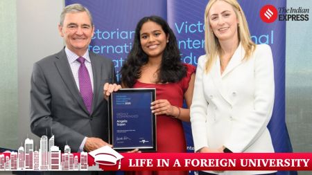 L-R The Hon John Brumby AO, Award winner Angela Sojan - Commendation for Premier's Award and International Student of the Year - Higher Education, Caroline Hartnett, Director International Education, Study Melbourne. Image SDP media, supplied by Study Melbourne