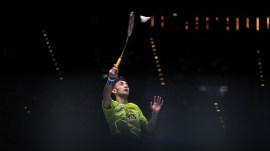 Indian shuttler Lakshya Sen in action during All England championship 2026 in Birmingham. (PHOTO: AP)