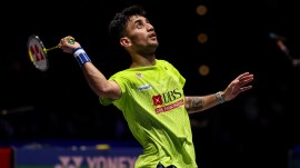 Indian shuttler Lakshya Sen in action against Lin Chun-Yi of Taiwan during All England 2026 finals. (CREDIT: Badminton Photo)