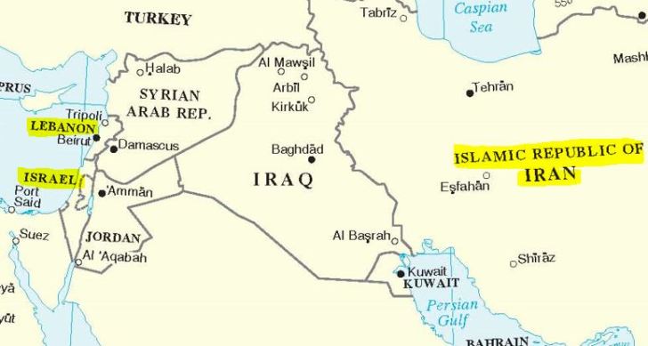 Lebanon and Israel on a map of West Asia. 