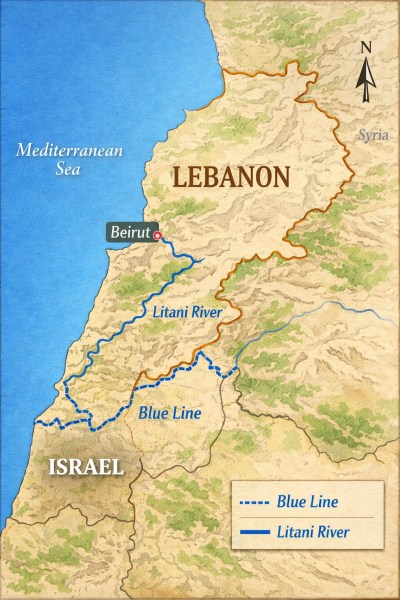 Lebanon map with blue line, litani river