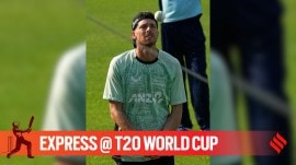 New Zealand skipper Mitch Santner in action during the practice session ahead of the T20 World Cup 2026 semifinal in Kolkata. (PHOTO: AP)