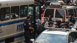 Demonstrators who occupied the Butler Library on the Columbia University campus are taken into custody in New York