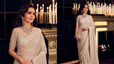 Nita Ambani off-white georgette saree and diamond jewellery set