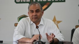Pakistan's Interior Minister and Chairman of Pakistan Cricket Board Mohsin Naqvi speaks during a press conference regarding upcoming Pakistan Super League cricket tournament, in Lahore, Pakistan, Sunday, March 22, 2026. (AP Photo)