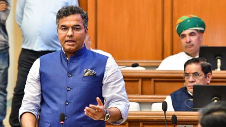 Delhi Cabinet Minister Parvesh Sahib Singh speaks during the Budget Session of the Delhi Assembly at Vidhan Sabha, in New Delhi on Friday.