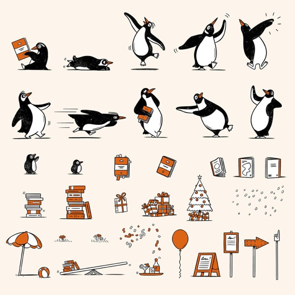 The full Playful Penguins character kit, a modular library of poses and props designed for use across campaigns. Illustration by Matt Blease for Penguin Random House UK. (Source: Penguin Random House UK/LinkedIn)