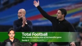 Manchester City's head coach Pep Guardiola, left encourages his players as Arsenal's manager Mikel Arteta gestures to his during the English League Cup final soccer match between Arsenal and Manchester City in London, Sunday, March 22, 2026. (AP Photo)
