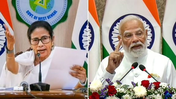 Modi Mamata exchange barbs, Modi Mamata fight, Mamata Banerjee, Droupadi Murmu, West Bengal, BJP, Santal Conference, voter rolls, tribal rights, protocol breach, Narendra Modi, TMC, Indian express news, current affairs