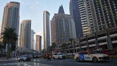 Light traffic moves along a main road in downtown Dubai, United Arab Emirates, Saturday, March 7, 2026. (AP Photo)