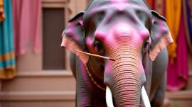 In the viral photos, the model can be seen painted pink and posing on the elephant, which had been coloured the same hue