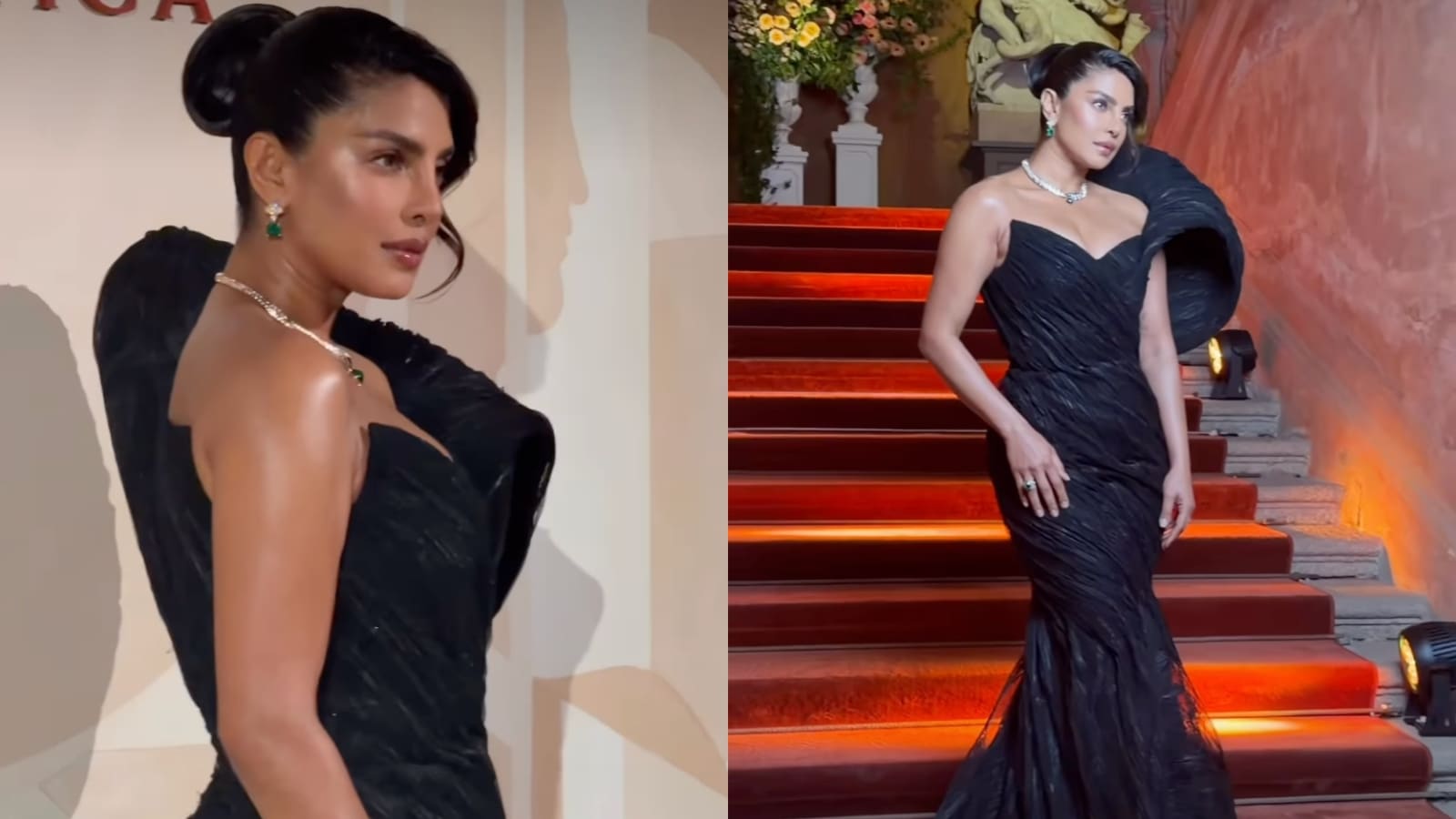Watch: Priyanka Chopra Jonas stuns in a sculptural jet-black gown at Bvlgari event in Milan